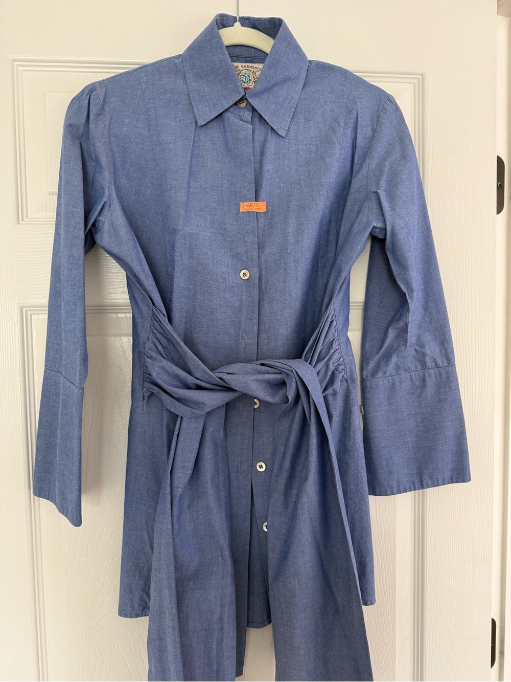 BELL Button-Front Chambray Tie-Waist Blouse in Blue